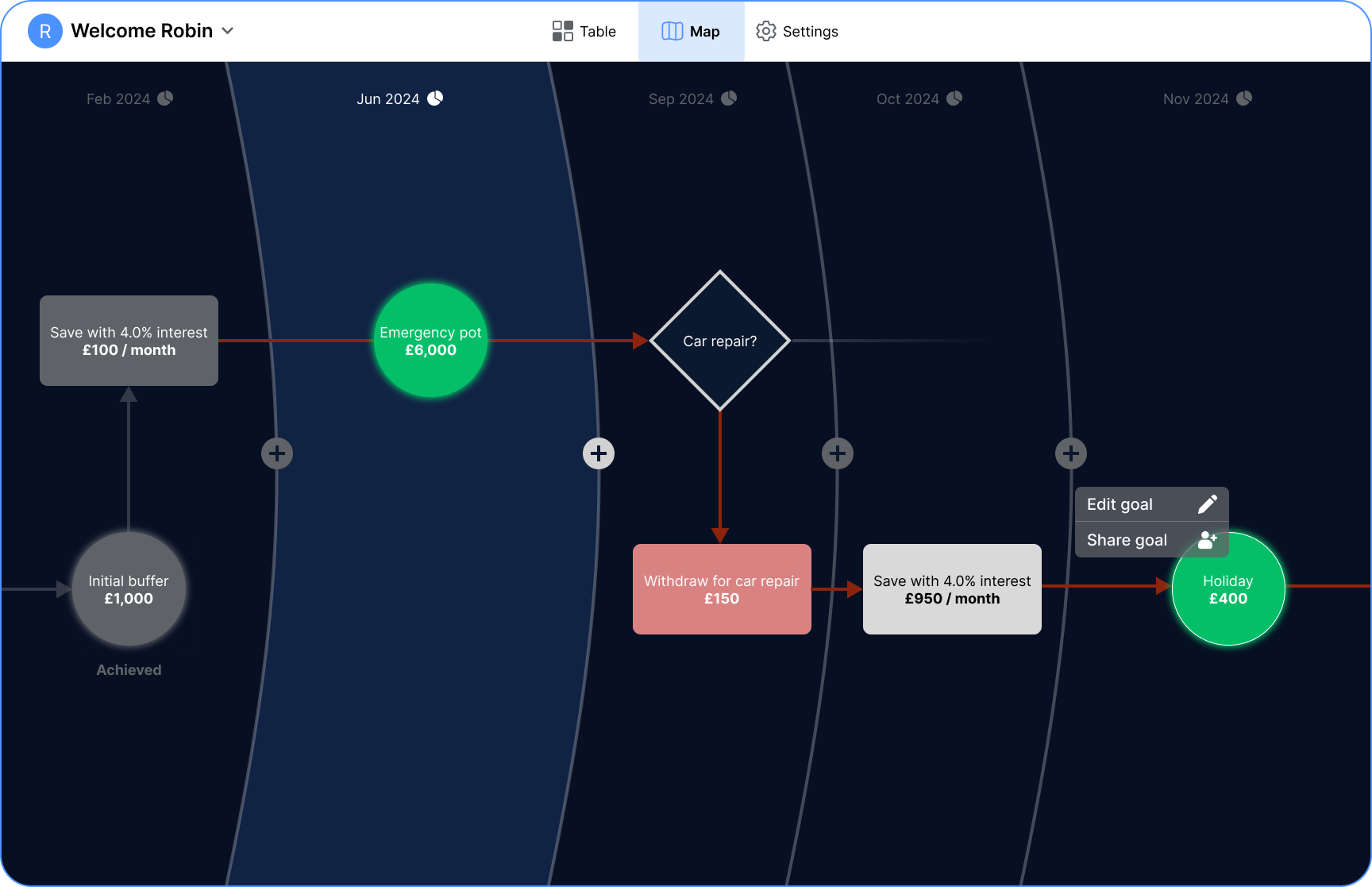 sloth money map view with share menu